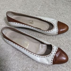 Vintage Salvatore Ferragamo Tan and White Heels